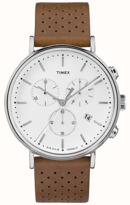 Timex Fairfield chrono correa de cuero marrón / esfera blanca TW2R26700