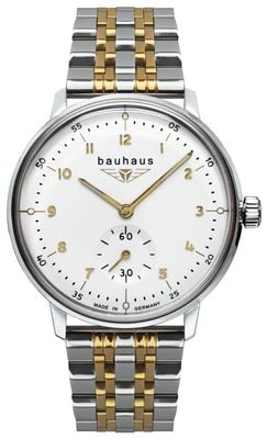 Bauhaus Klassisches Quarzuhrwerk mit kleiner Sekunde (35 mm), weißes Zifferblatt/zweifarbiges Edelstahlarmband 2037M1