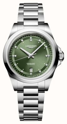 LONGINES Conquest diamant automatisch (30 mm) groene sunray wijzerplaat / roestvrijstalen armband L33204076