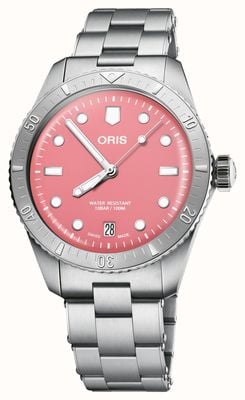 ORIS Divers vijfenzestig suikerspin automatische (38 mm) roze wijzerplaat / roestvrijstalen armband 01 733 7771 4058-07 8 19 18