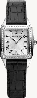 Herbelin Luna Diamond Quartz (24mm) Silver Guilloché Dial / Black Crocodile-Effect Leather Strap 17457AP62Y01
