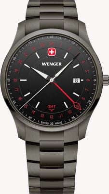 Wenger City GMT Quartz (42mm) Brushed Black Dial / Black PVD Stainless Steel Bracelet 01.1442.108