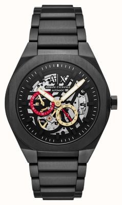 Armani Exchange Mechanisches Skelett-Zifferblatt (44 mm) mit schwarzem Skelett-Zifferblatt / Armband aus schwarzem PVD-beschichtetem Edelstahl AX4196
