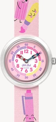 Flik Flak Dans mon sac (31,85 mm) cadran blanc et rose / bracelet rose à motifs fixes FBNP247