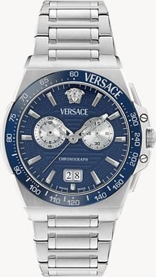 Versace Greca Reaction Quarz-Chronograph (43 mm) blaues Zifferblatt / Edelstahlarmband VE5N00326