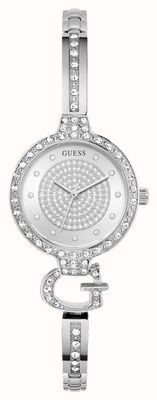 Guess Giselle Kristall (28 mm), silbernes Zifferblatt mit Sonnenschliff / Edelstahlarmband GW0929L1