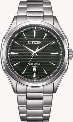 Citizen Herren-Eco-Drive-Sport-Armbanduhr (41 mm) mit schwarzem Zifferblatt und Edelstahlarmband AW1750-85E