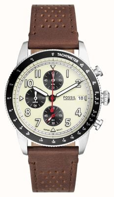 Fossil 男士运动旅行腕表（42 毫米）奶油色计时表盘/棕色皮表带 FS6042