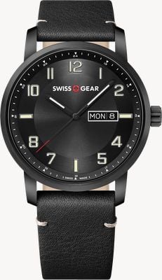 Wenger Zegarek kwarcowy Swissgear z funkcją dnia/daty (42 mm) z czarną tarczą / czarnym skórzanym paskiem 01.9041.429