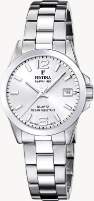 Festina Klassisches Schweizer Quarzwerk (29,5 mm), silbernes Zifferblatt mit Sonnenschliff / Edelstahlarmband F20049/1