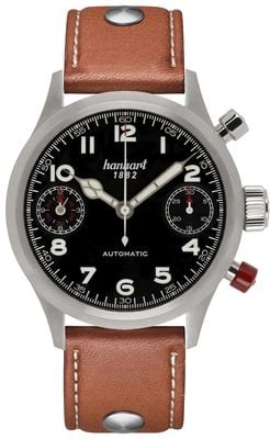 Hanhart Pioneer Twindicator Automatik-Chronograph (45 mm), schwarzes Zifferblatt / hellbraunes Lederarmband - m 730.210-0210