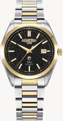 Roamer Montre automatique Elite (42 mm) cadran noir / bracelet en acier inoxydable bicolore et bracelet en cuir noir 970983 47 85 20