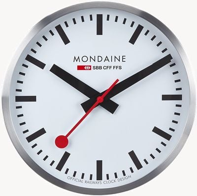 Mondaine Reloj de pared de cuarzo de 25 cm, modelo oficial de los Ferrocarriles Suizos, con marco plateado y esfera blanca. A990.CLOCK.16SBB