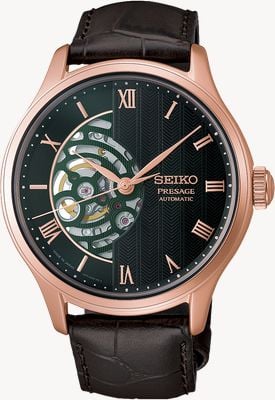 Seiko Presage giardini zen giapponesi (41,8mm) quadrante verde crepuscolo / cinturino in pelle marrone HCB007J1