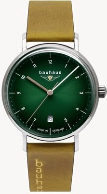 Bauhaus Mostrador verde escuro clássico de quartzo (36 mm) / pulseira de couro marrom 21414