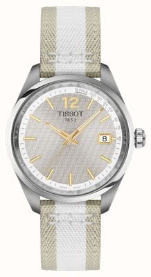Tissot Reloj de cuarzo para ciclismo Pr 100 (34 mm) con esfera gris estampada y correa textil blanca y beige. T1502101703700