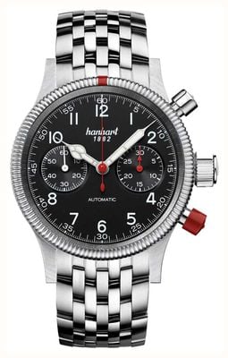 Hanhart Cronógrafo automático Pioneer MK II (40 mm) com mostrador preto e pulseira de aço inoxidável. 716.210-6428