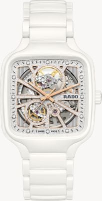 RADO Echtes quadratisches Automatikwerk mit offenem Herz, funkelndes weißes Zifferblatt (38 mm) / weißes Hightech-Keramikarmband R27073722