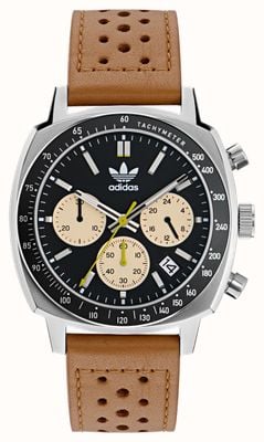 Adidas Master Originals z jednym chronografem (44 mm), czarną tarczą i brązową skórą AOFH23576