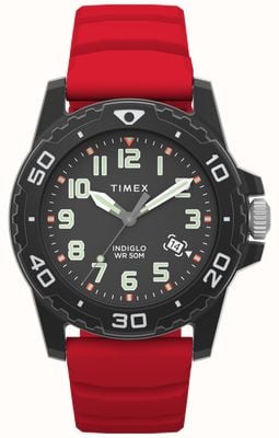 Timex Diver-Stil (42 mm) schwarzes Zifferblatt / rotes Silikonarmband TW5M61000