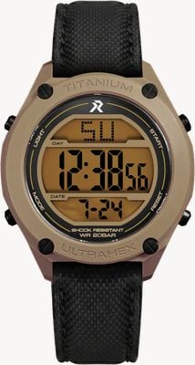 RZE Orologio multifunzione in cerakote tan (42mm) con display giallo / cinturino in nylon elastico nero UTD-8000-CKT