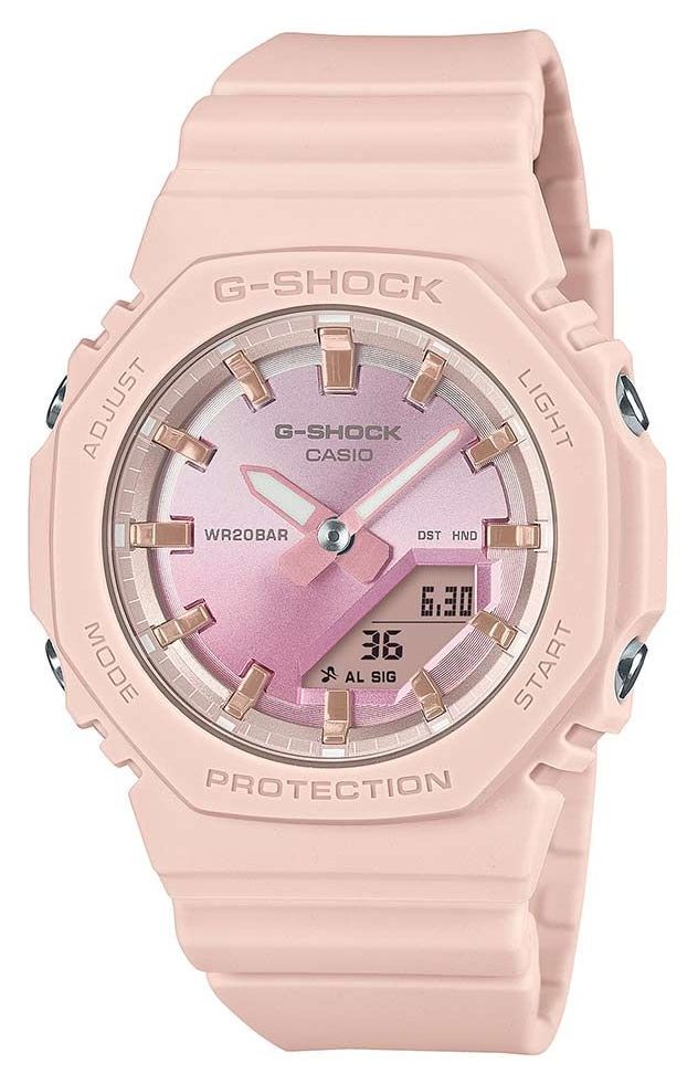 Casio G Shock P2100 Series Sunset Glow 40.2mm Pink Dual Display Dial Pink Bio Based Resin Strap GMA P2100SG 4AER James Moore Co. Jewellers of Distinction Since 1997 in Kenilworth Warwickshire