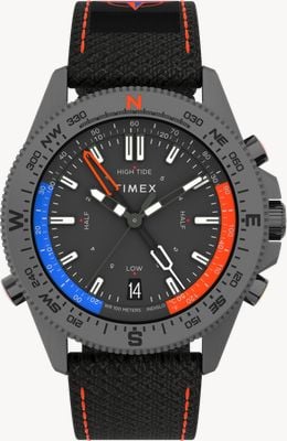 Timex 探险潮汐温度指南针（43毫米）黑色表盘/黑色环保织物表带 TW2V03900