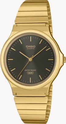 Casio Série MQ-24 Classic (34,9 mm) cadran noir effet rayons de soleil / bracelet acier inoxydable PVD doré MQ-24GA-1AEF