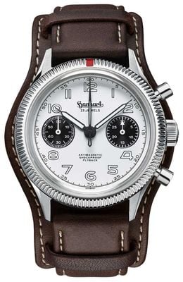 Hanhart 417 es flyback panda (42mm) biała tarcza / ciemnobrązowy skórzany pasek - m H721.201-7110