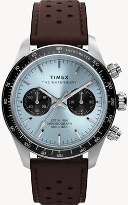 Timex Waterbury Heritage Chronograph (39mm) Ice Blue Sunray Dial / Brown Leather Strap TW2Y70600