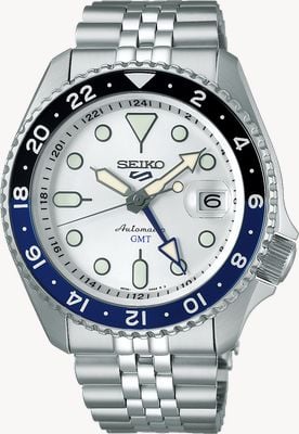Seiko 5 deportes SKX GMT azul cielo plata nube plata esfera blanca / pulsera de acero inoxidable SSK033K1