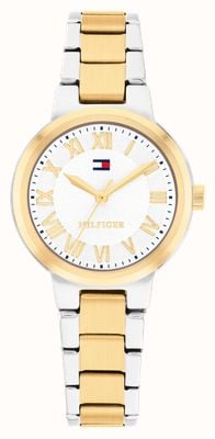 Tommy Hilfiger Becca Quarzuhr mit drei Zeigern (28 mm), silbernes Zifferblatt / zweifarbiges Edelstahlarmband 1782903