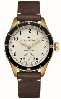 Hamilton Montre pilote d'aviation kaki Pioneer mécanique (43 mm) cadran blanc coquille d'œuf / bracelet en cuir marron H76709510
