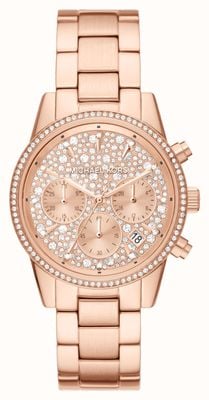 Michael Kors Ritz | kristallen chronograaf wijzerplaat | roségouden roestvrijstalen armband MK7302