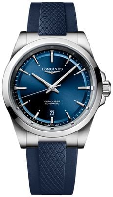 LONGINES Conquest automatico (41 mm) quadrante blu con motivo a raggi di sole / cinturino in gomma blu L38304929