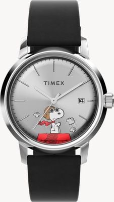 Timex x Peanuts Snoopy Flying Ace Marlin Automatic (40mm) Silver Dial / Black Leather Strap TW2W49600