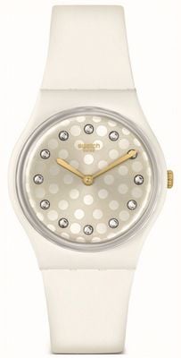 Swatch Uhr aus funkelndem, glänzendem, weißem Silikon aus Biokeramik SO31W109