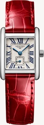 LONGINES Mini Dolcevita quartz (21,5 mm) met zilveren wijzerplaat en rode alligatorlederen band. L52004715