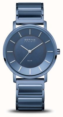 Bering Cadran bleu solaire pour femme / bracelet en céramique bleue et acier inoxydable 19535-797