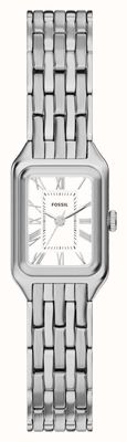 Fossil Raquel mini quartzhorloge met drie wijzers (18 mm) met witte wijzerplaat en roestvrijstalen armband. ES5469