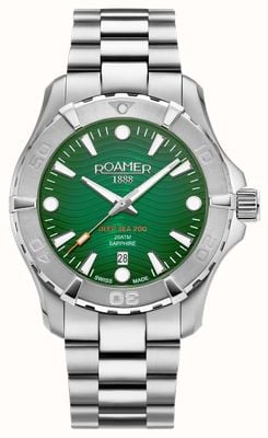 Roamer Relógio masculino Deep Sea 200 (43 mm) com mostrador verde e pulseira de aço inoxidável 860833 41 75 71