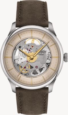 Tissot Chemin des Tourelles Squelette (39 mm) elfenbeinfarbenes Zifferblatt mit offenem Herzen / braunes Lederarmband T1398361626100