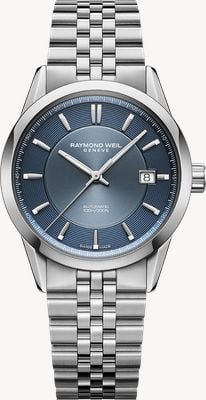 Raymond Weil Reloj Freelancer automático con fecha (38 mm), esfera azul con efecto rayos de sol y brazalete de acero inoxidable. 2771-ST-50051
