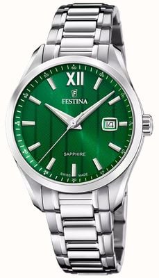 Festina Cuarzo clásico suizo (37,5 mm) con esfera verde y brazalete de acero inoxidable. F20026/3