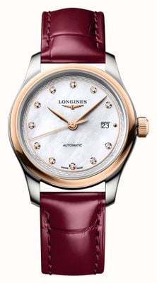 LONGINES Master Collection Automatic Diamonds (30mm) White Mother-of-Pearl Dial / Bordeaux Leather Strap L24495892