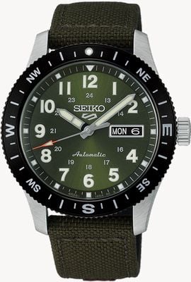 Seiko Relógio esportivo 5 Sports Field na cor verde militar (41 mm), mostrador verde com efeito raios de sol / pulseira de nylon verde-escura. HDB008K1