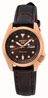Seiko 5 esporte | compacto 28mm | mostrador marrom | pulseira de couro marrom | relógio automático SRE006K1