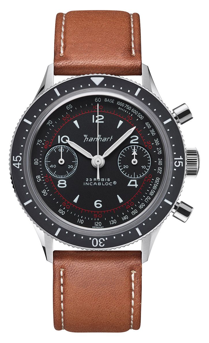 Hanhart 415 es pure (39 mm) cadran noir / bracelet en cuir montre