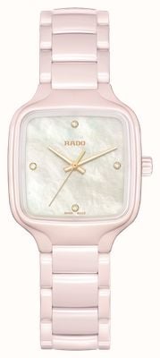 RADO Echte vierkante diamanten, kwarts (29,2 mm), parelmoeren wijzerplaat / roze hightech keramische armband R27181902