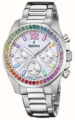Festina Dames chronograaf | parelmoer wijzerplaat | regenboog kristallen set F20606/2